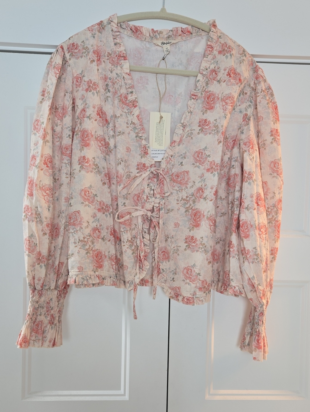 NWT Blue Velvet Floral Tie-Front Blouse in Light Pink